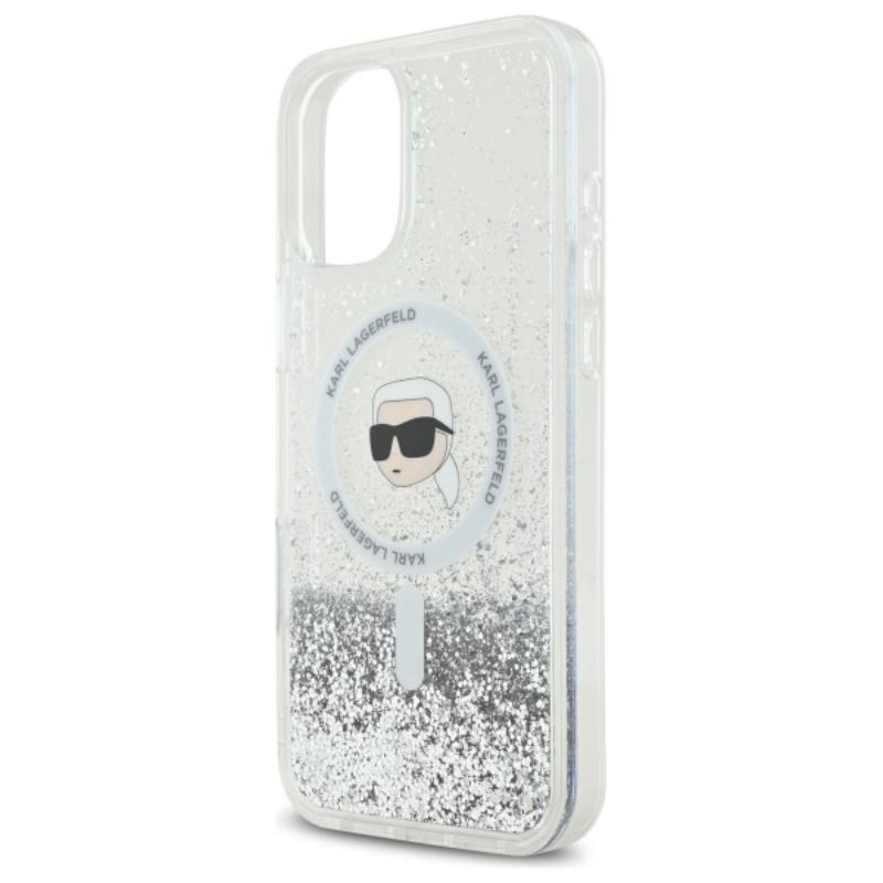 Karl Lagerfeld Liquid Glitter Karl Head MagSafe – dėklas, skirtas iPhone 16 Plus (permatomas)