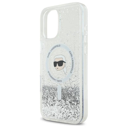 Karl Lagerfeld Liquid Glitter Karl Head MagSafe – dėklas, skirtas iPhone 16 Plus (permatomas)