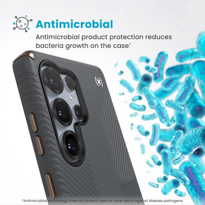 Speck Presidio2 Grip Magnet – dėklas Samsung Galaxy S25 Ultra MagSafe (anglies pilka/vėsi bronzinė/balta)