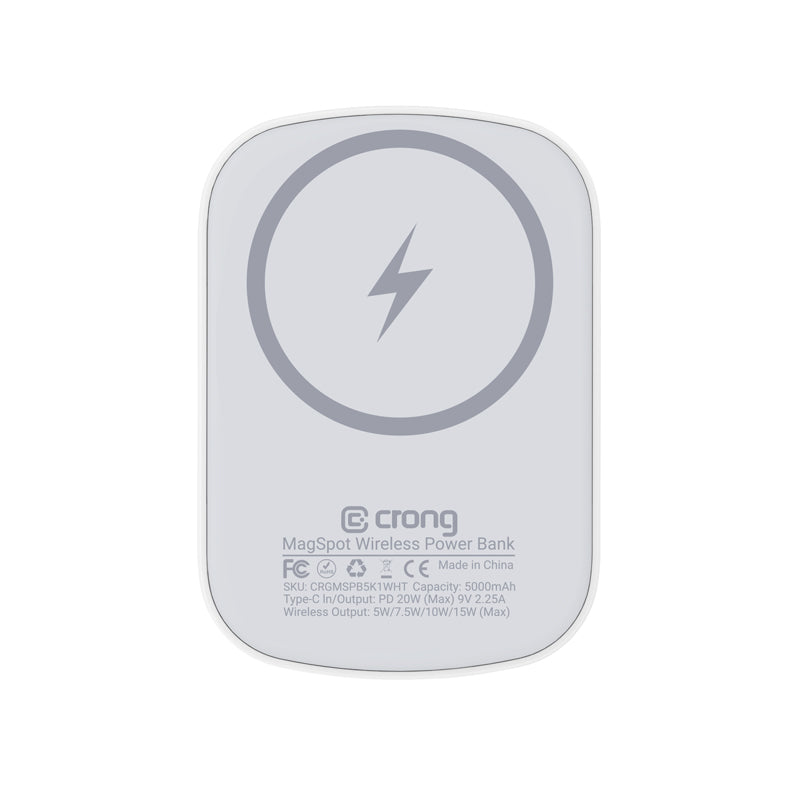 "Crong MagSpot Power Bank" - belaidis itin plonas maitinimo bankas su "MagSafe" 5000 mAh, USB-C 20 W PD (baltas)