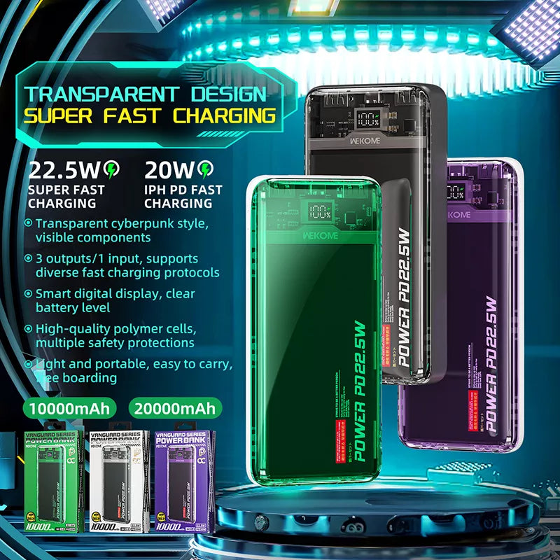 WEKOME WP-351 Vanguard serija – išorinė baterija 20000 mAh PD 20W + QC 22.5W (Violetinė / Skaidri)