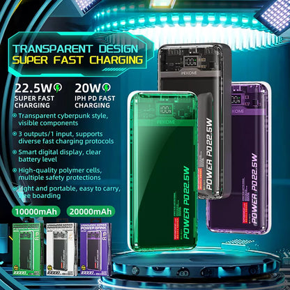 WEKOME WP-351 Vanguard serija – išorinė baterija 20000 mAh PD 20W + QC 22.5W (Violetinė / Skaidri)