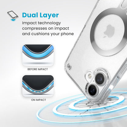 Speck Presidio Perfect-Clear ClickLock & MagSafe – dėklas iPhone 16 Plus (skaidrus / chromo apdaila / Serene Silver)