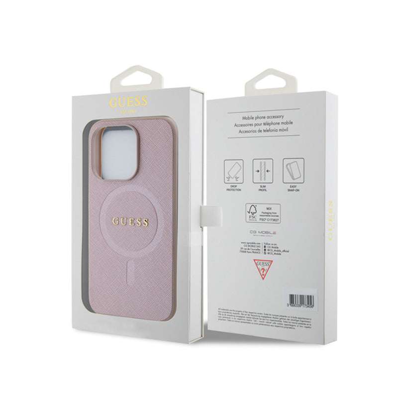 Guess Saffiano MagSafe – dėklas, skirtas „iPhone 15 Pro“ (rožinis)