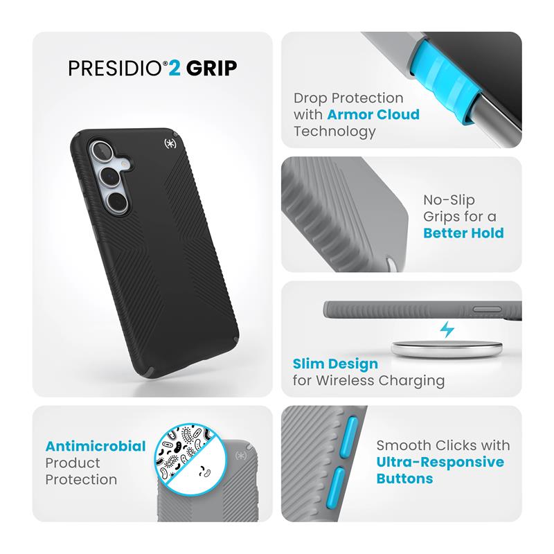 Speck Presidio2 Grip – dėklas, skirtas „Samsung Galaxy S24 FE“ (juodas / skalūno pilkas / baltas)
