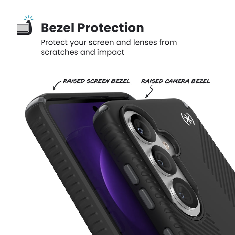 Speck Presidio2 Grip Magnet – Samsung Galaxy S26 MagSafe dėklas (juoda/skalūno pilka/balta)