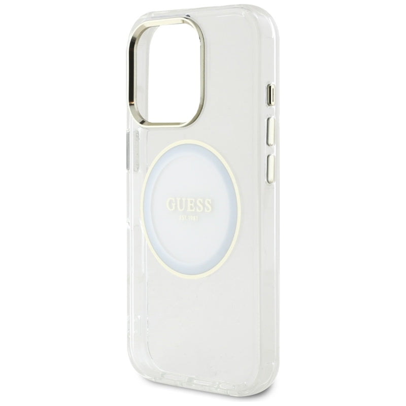 Guess IML Metal Colored Circle Classic Logo MagSafe – dėklas, skirtas iPhone 16 Pro (baltas)