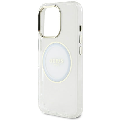 Guess IML Metal Colored Circle Classic Logo MagSafe – dėklas, skirtas iPhone 16 Pro (baltas)