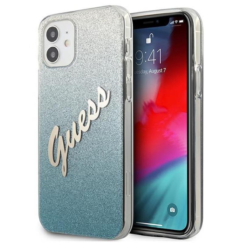 Guess Glitter Gradient Script – dėklas iPhone 12 mini (mėlynas)