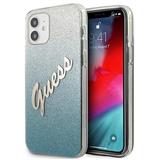 Guess Glitter Gradient Script – dėklas iPhone 12 mini (mėlynas)
