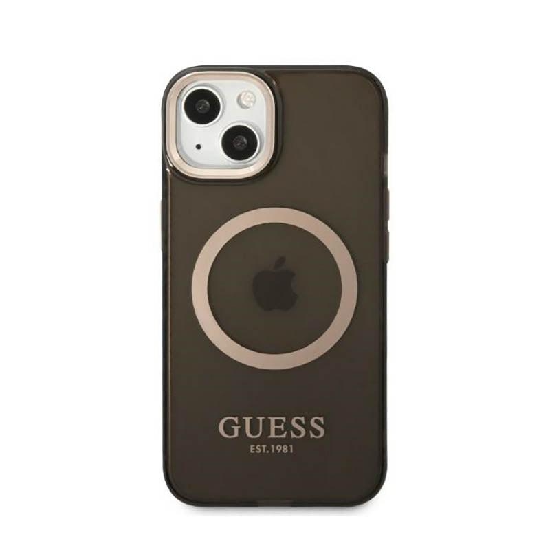 Guess Gold Outline Translucent MagSafe – dėklas iPhone 13 (juodas)