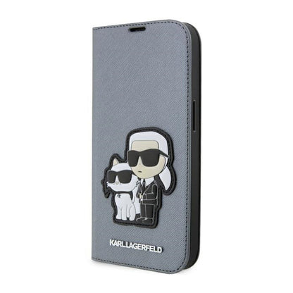 Karl Lagerfeld Knygutės tipo NFT Saffiano Karl & Choupette – Dėklas, skirtas iPhone 14 Pro Max (Sidabrinis)