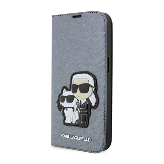 Karl Lagerfeld Knygutės tipo NFT Saffiano Karl & Choupette – Dėklas, skirtas iPhone 14 Pro Max (Sidabrinis)