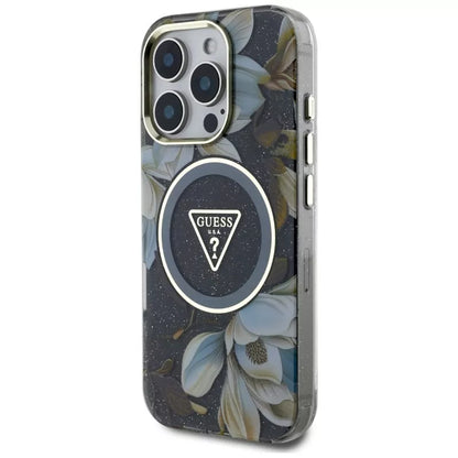 Guess Glitter Flowers Triangle Buttons MagSafe - Dėklas, skirtas iPhone 16 Pro Max (juodas)