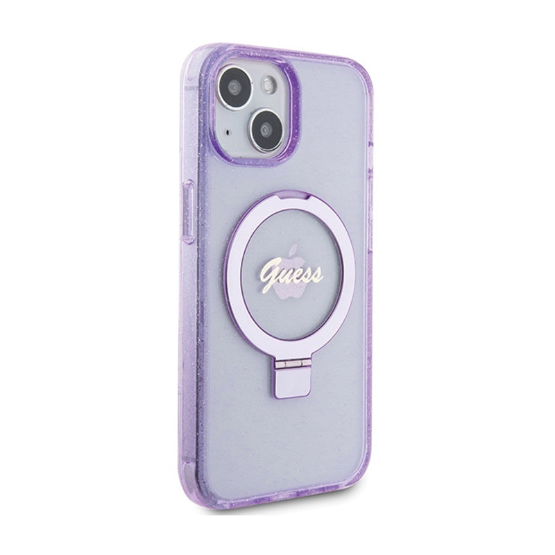 Guess MagSafe dėklas iPhone 15 Plus su žiediniu stovu, blizgučiais ir užrašu (violetinis)