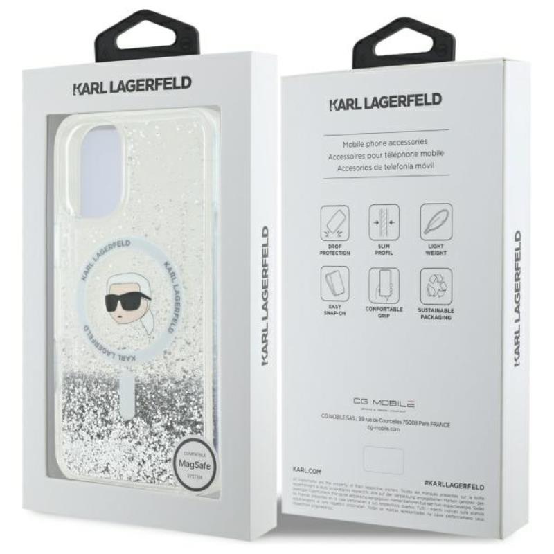 Karl Lagerfeld Liquid Glitter Karl Head MagSafe – dėklas, skirtas iPhone 16 Plus (permatomas)