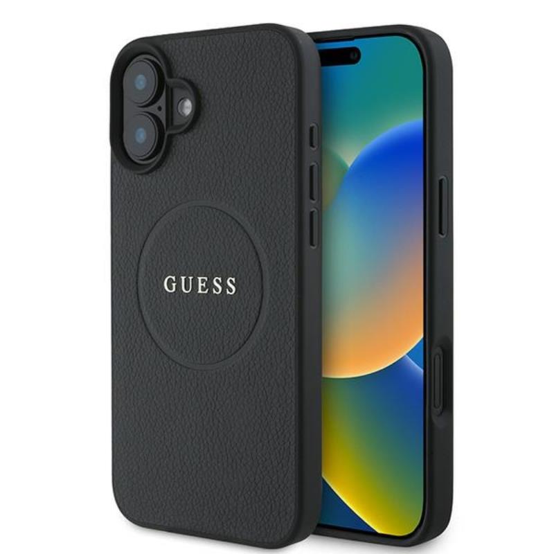 Guess Grained Ring MagSafe - Dėklas iPhone 16 Plus (juodas)