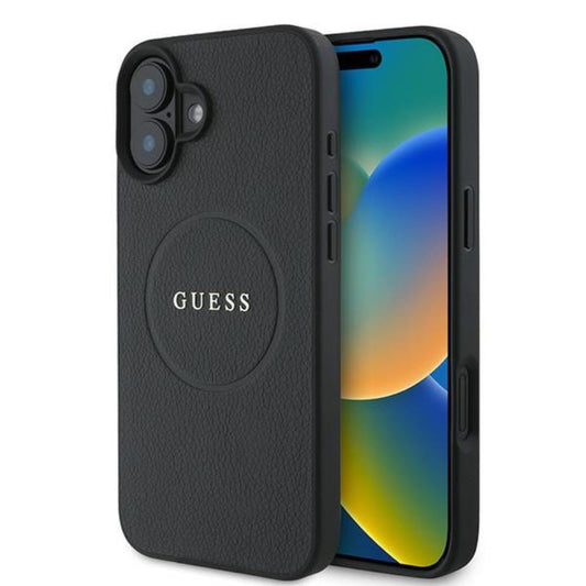 Guess Grained Ring MagSafe - Dėklas iPhone 16 Plus (juodas)