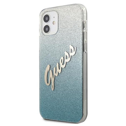 Guess Glitter Gradient Script – dėklas iPhone 12 mini (mėlynas)