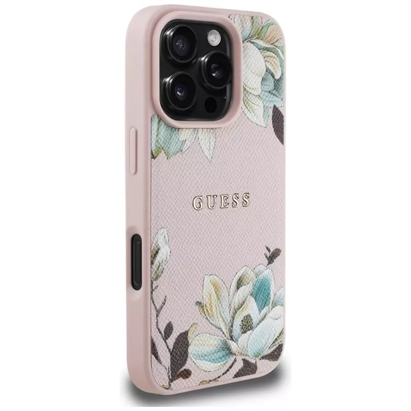 Guess Grained Printed Flower Pattern MagSafe – dėklas, skirtas „iPhone 16 Pro“ (rožinis)