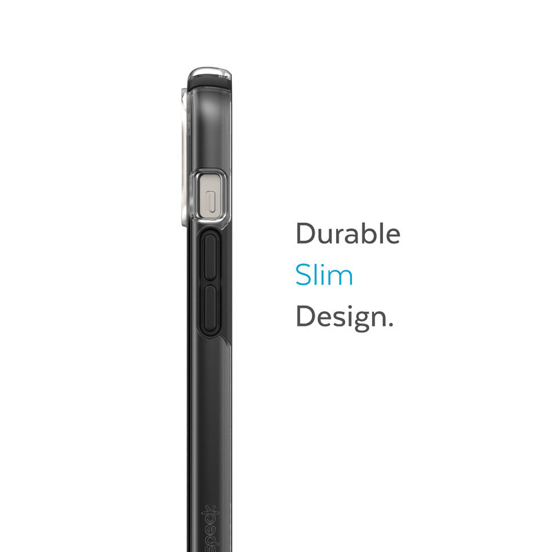 "Speck Presidio Perfect-Clear" dėklas su smūgio geometrija - dėklas "iPhone 15 Plus" / "14 Plus" su MICROBAN danga (skaidrus / juodas)