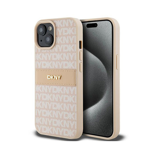 DKNY Odinis dėklas su dryžiais ir metaliniu logotipu – „iPhone 15 Plus“ / „14 Plus“ dėklas (rožinis)