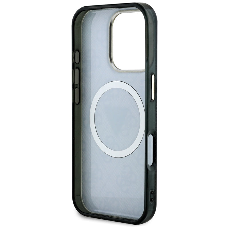 Guess IML Metal Glitter 4G apskritimas trikampis MagSafe – dėklas skirtas iPhone 16 Pro (juodas)