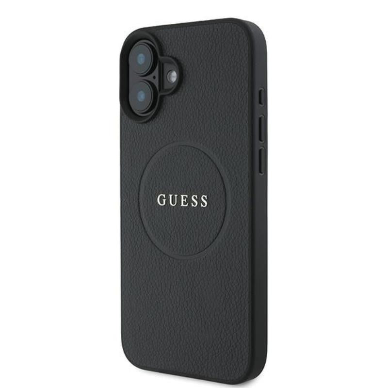 Guess Grained Ring MagSafe - Dėklas iPhone 16 Plus (juodas)