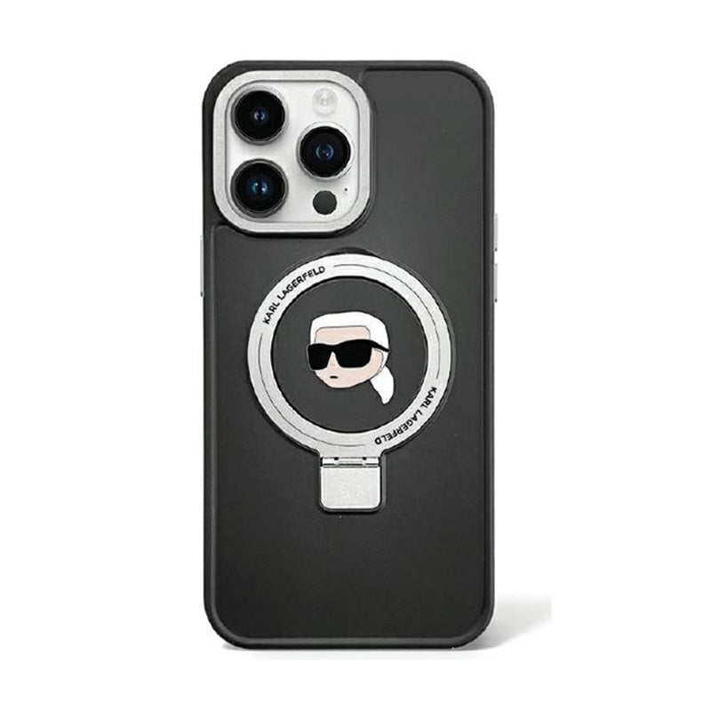 Karl Lagerfeld žiedo stovas Karl Head MagSafe – iPhone 15 Plus dėklas (juodas)