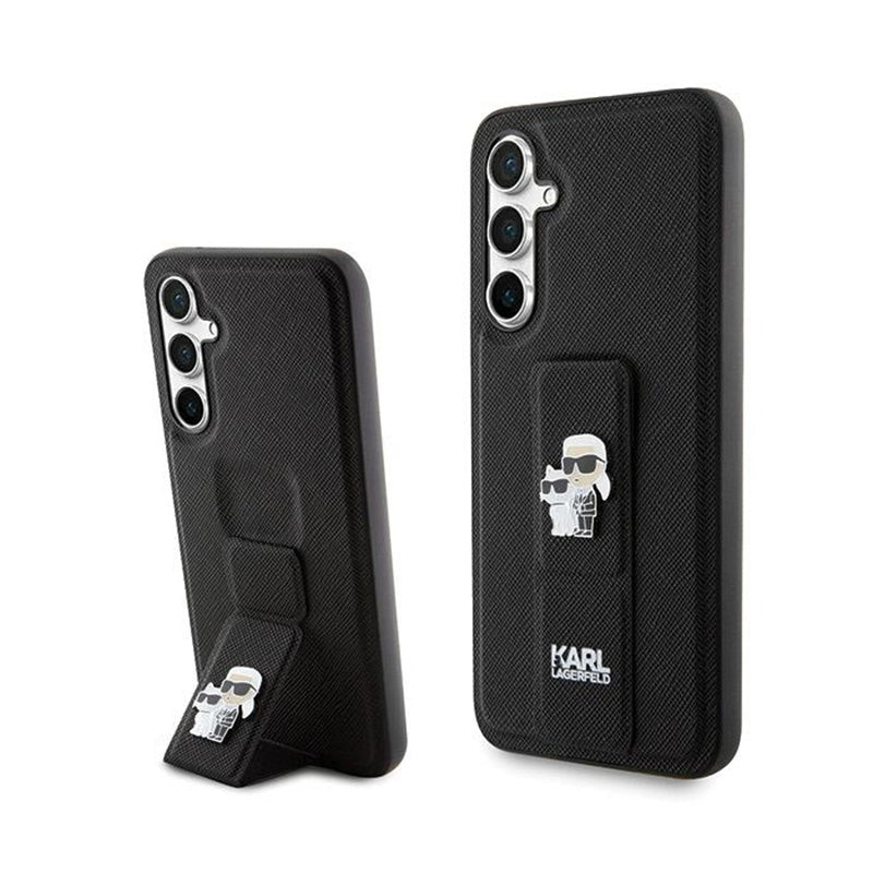 Karl Lagerfeld Gripstand Saffiano Karl & Choupette Pins - Samsung Galaxy S23 FE dėklas (juodas)