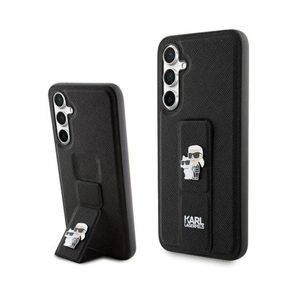 Karl Lagerfeld Gripstand Saffiano Karl & Choupette Pins - Samsung Galaxy S23 FE dėklas (juodas)