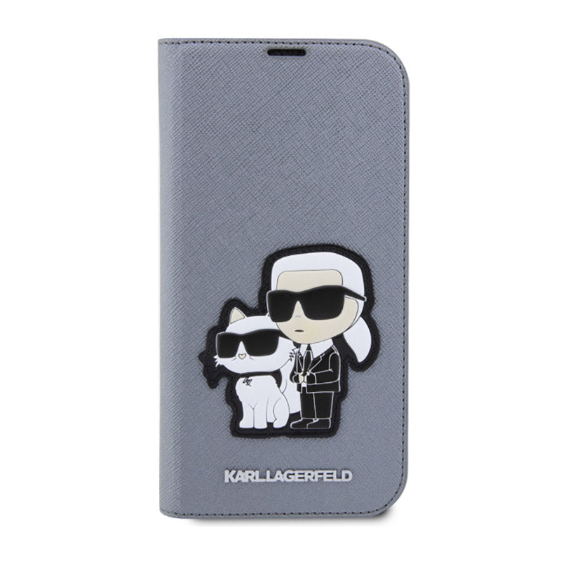Karl Lagerfeld Knygutės tipo NFT Saffiano Karl & Choupette – Dėklas, skirtas iPhone 14 Pro Max (Sidabrinis)