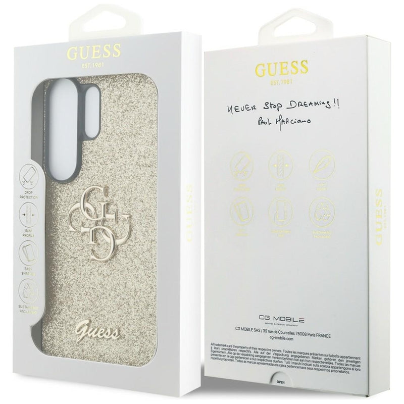 Guess Fixed Glitter Big 4G Metal Logo – Samsung Galaxy S26 Ultra dėklas (Auksinis)