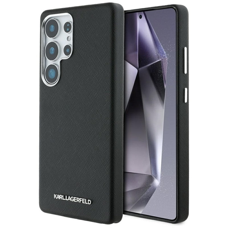 Karl Lagerfeld Saffiano pilnai apgaubtas ilgas metalinis logotipas MagSafe – dėklas Samsung Galaxy S25 Ultra (juodas)