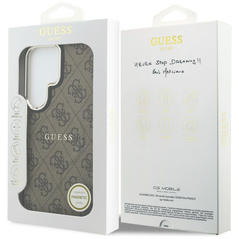 Guess 4G reljefinis prsten MagSafe dėklas "Samsung Galaxy S26 Ultra" (rudos spalvos)