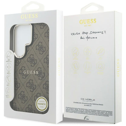 Guess 4G reljefinis prsten MagSafe dėklas "Samsung Galaxy S26 Ultra" (rudos spalvos)