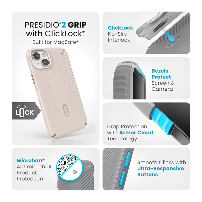 Speck Presidio2 Grip ClickLock ir Magsafe – iPhone 15 Plus / iPhone 14 Plus dėklas (Bleached Bone / Heirloom Gold / Hazel Brown)