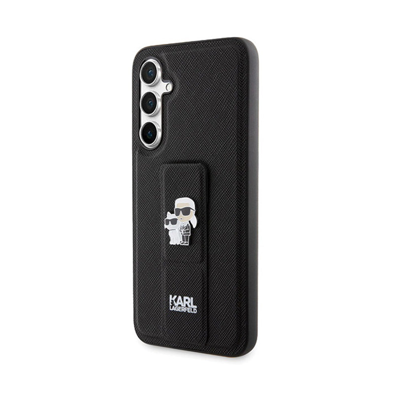 Karl Lagerfeld Gripstand Saffiano Karl & Choupette Pins - Samsung Galaxy S23 FE dėklas (juodas)