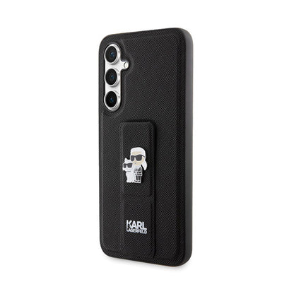 Karl Lagerfeld Gripstand Saffiano Karl & Choupette Pins - Samsung Galaxy S23 FE dėklas (juodas)