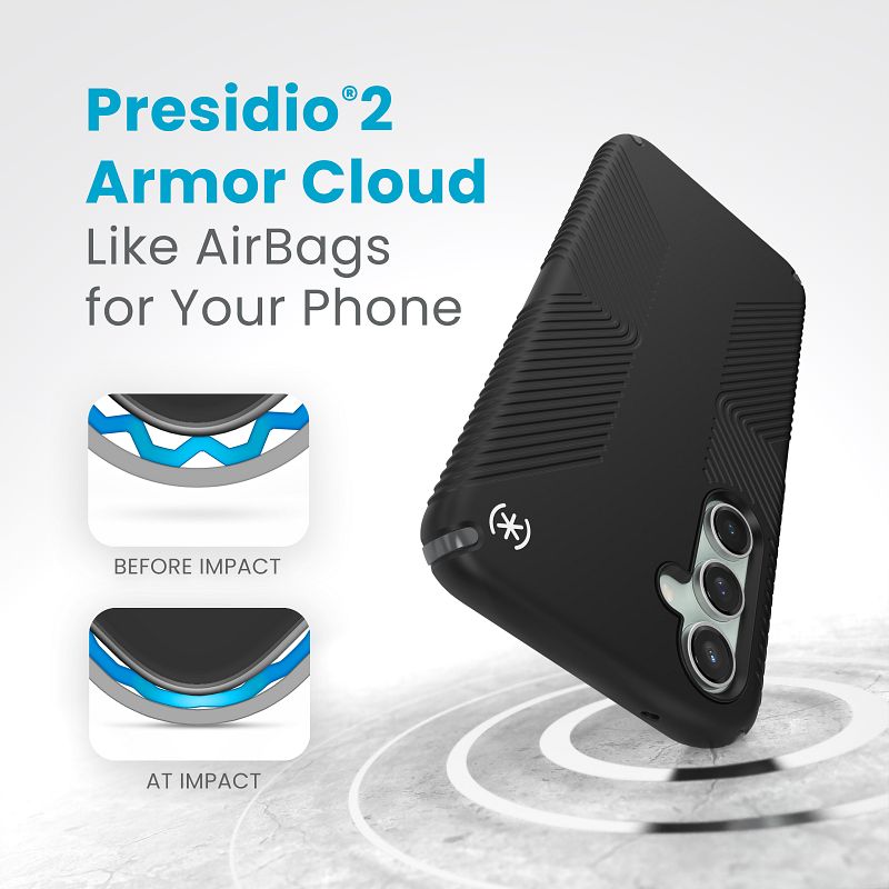 Speck Presidio2 Grip – dėklas Samsung Galaxy S23 FE (juodas/juodas/baltas)