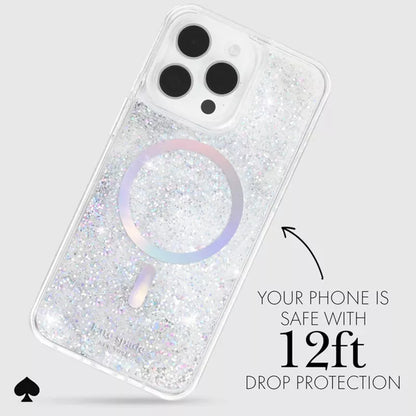 Kate Spade New York skystų blizgučių MagSafe dėklas iPhone 15 Pro (Vaivorykštinis opalas)