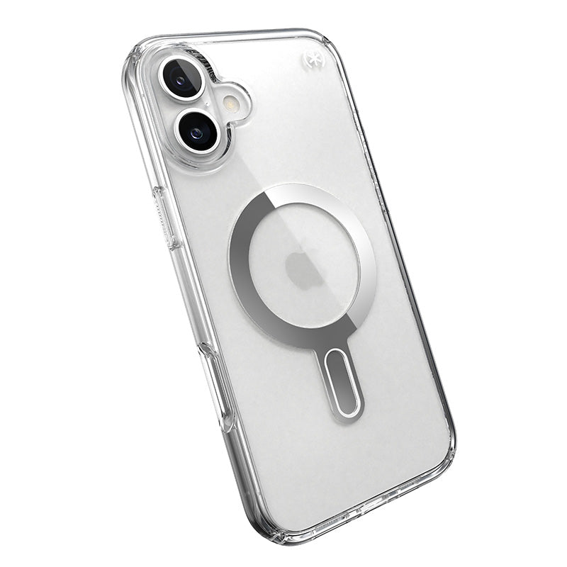 Speck Presidio Perfect-Clear ClickLock & MagSafe – dėklas iPhone 16 Plus (skaidrus / chromo apdaila / Serene Silver)