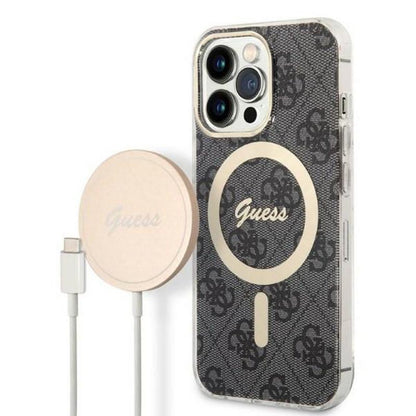 Guess Bundle Pack MagSafe 4G - dėklo ir MagSafe įkroviklio rinkinys, skirtas iPhone 13 Pro (juodas / auksinis)