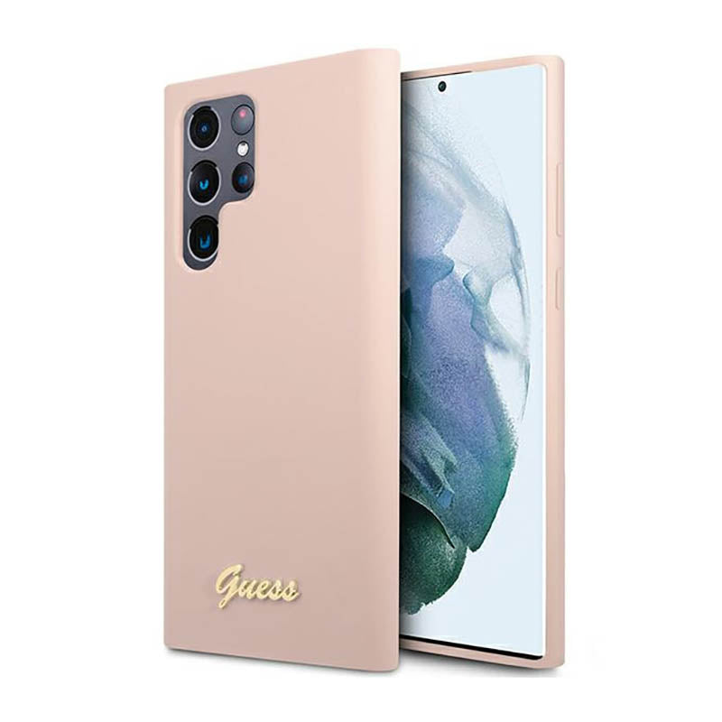 Guess Silicone Script Metal Logo - dėklas Samsung Galaxy S23 Ultra (rožinis)