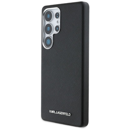 Karl Lagerfeld Saffiano pilnai apgaubtas ilgas metalinis logotipas MagSafe – dėklas Samsung Galaxy S25 Ultra (juodas)