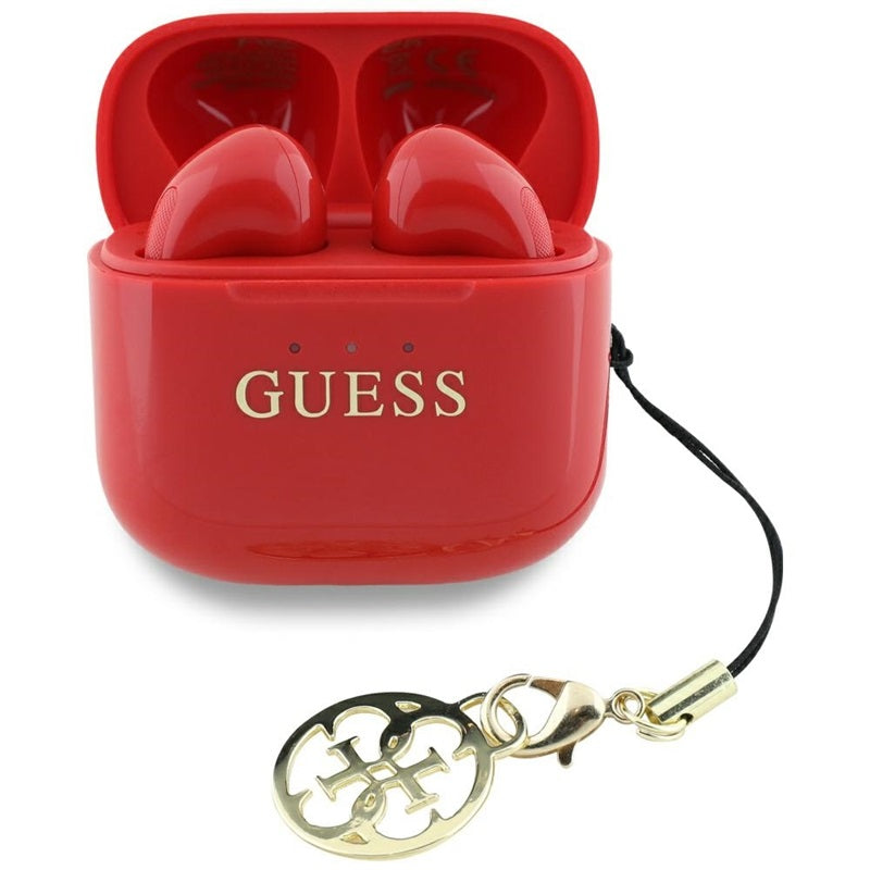 Guess Glossy Effect Printed Classic Logo & Charm – TWS „Bluetooth“ ausinės + įkrovimo dėklas (raudonas)