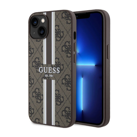 Guess 4G Printed Stripes MagSafe – dėklas iPhone 14 Plus (rudas)