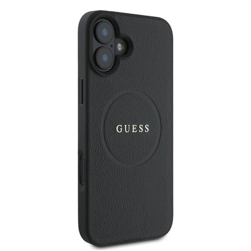 Guess Grained Ring MagSafe - Dėklas iPhone 16 Plus (juodas)