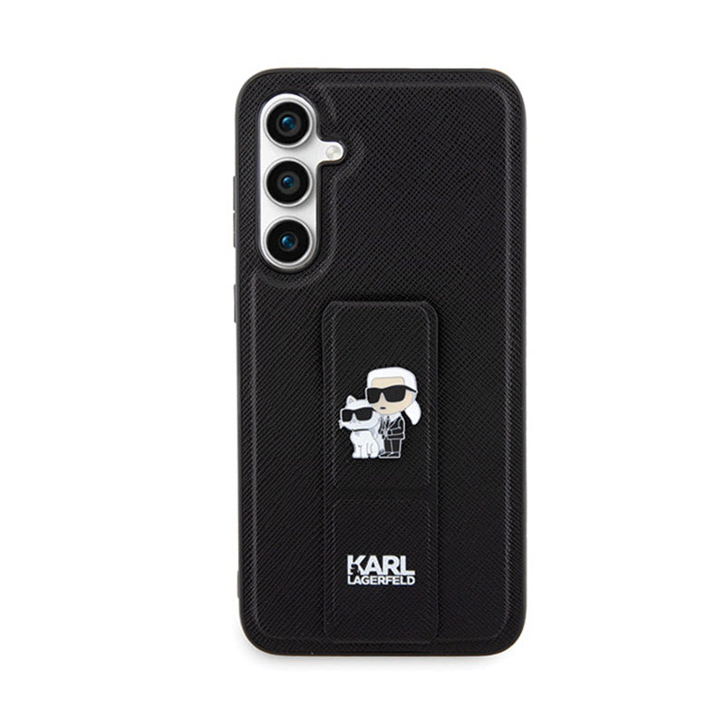 Karl Lagerfeld Gripstand Saffiano Karl & Choupette Pins - Samsung Galaxy S23 FE dėklas (juodas)