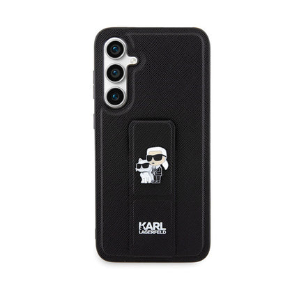 Karl Lagerfeld Gripstand Saffiano Karl & Choupette Pins - Samsung Galaxy S23 FE dėklas (juodas)